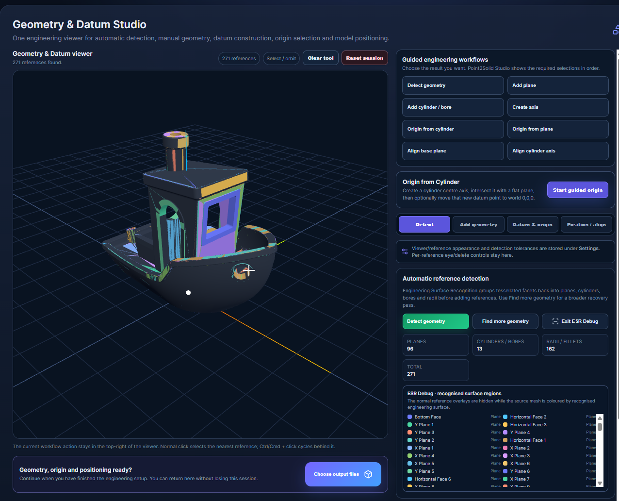Point2Solid Studio Geometry and Datum viewer showing recognised engineering surfaces