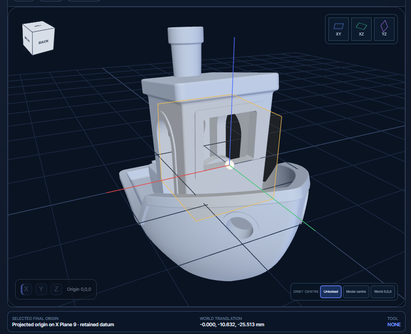 Point2Solid Studio model aligned to engineering origin and coordinate axes