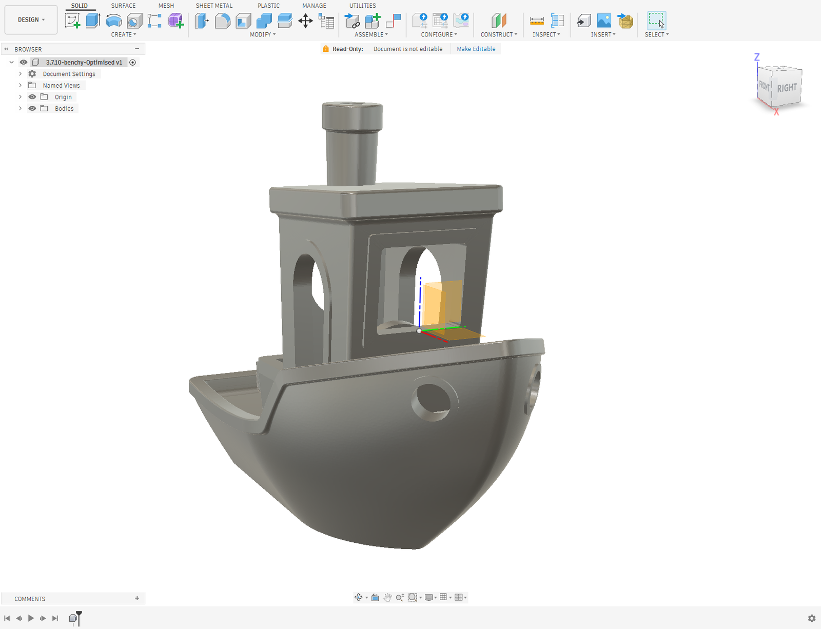 Point2Solid Benchy CAD model aligned to an engineering origin in Autodesk Fusion