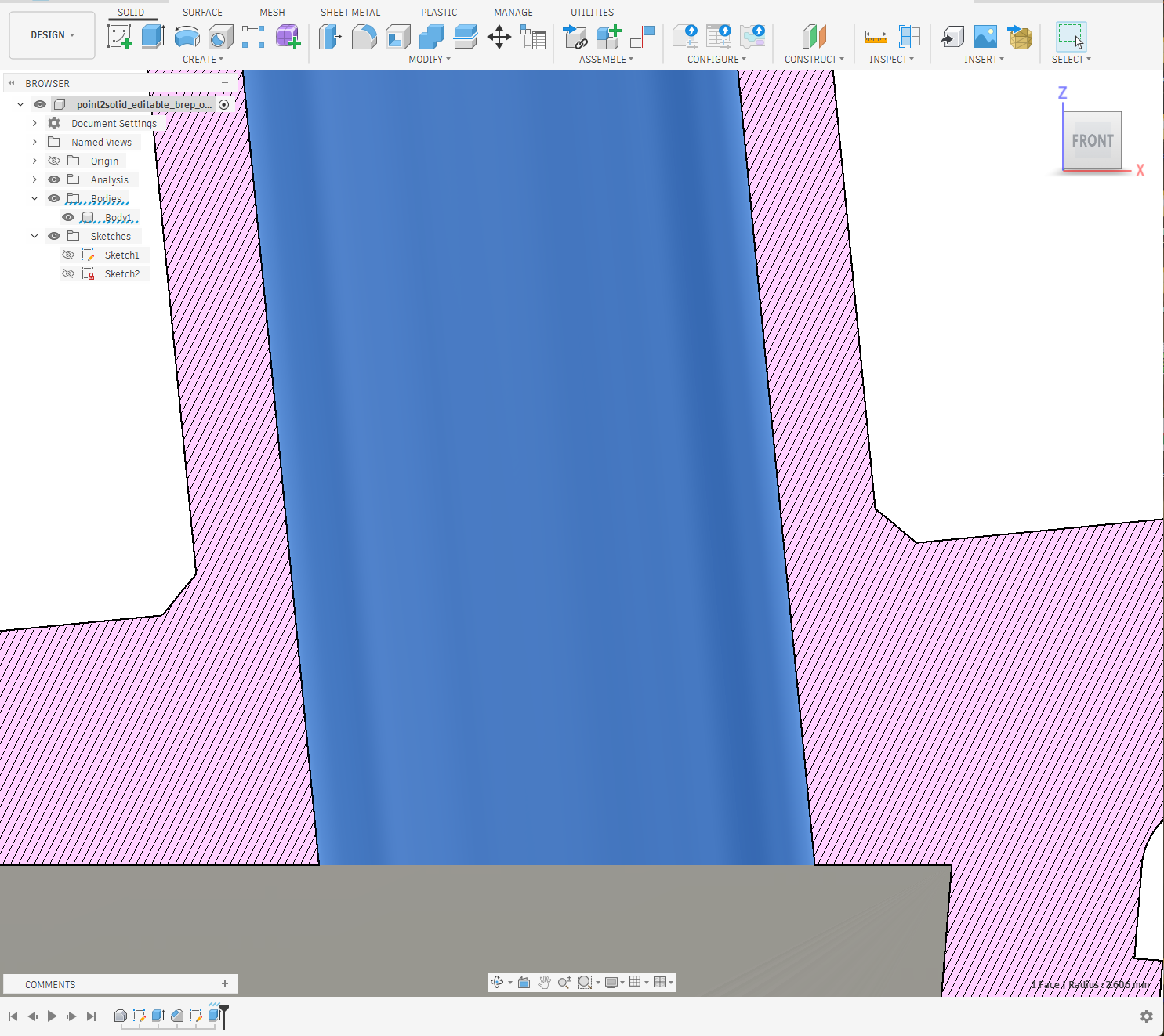 Cross section through a Point2Solid editable BRep model in Autodesk Fusion