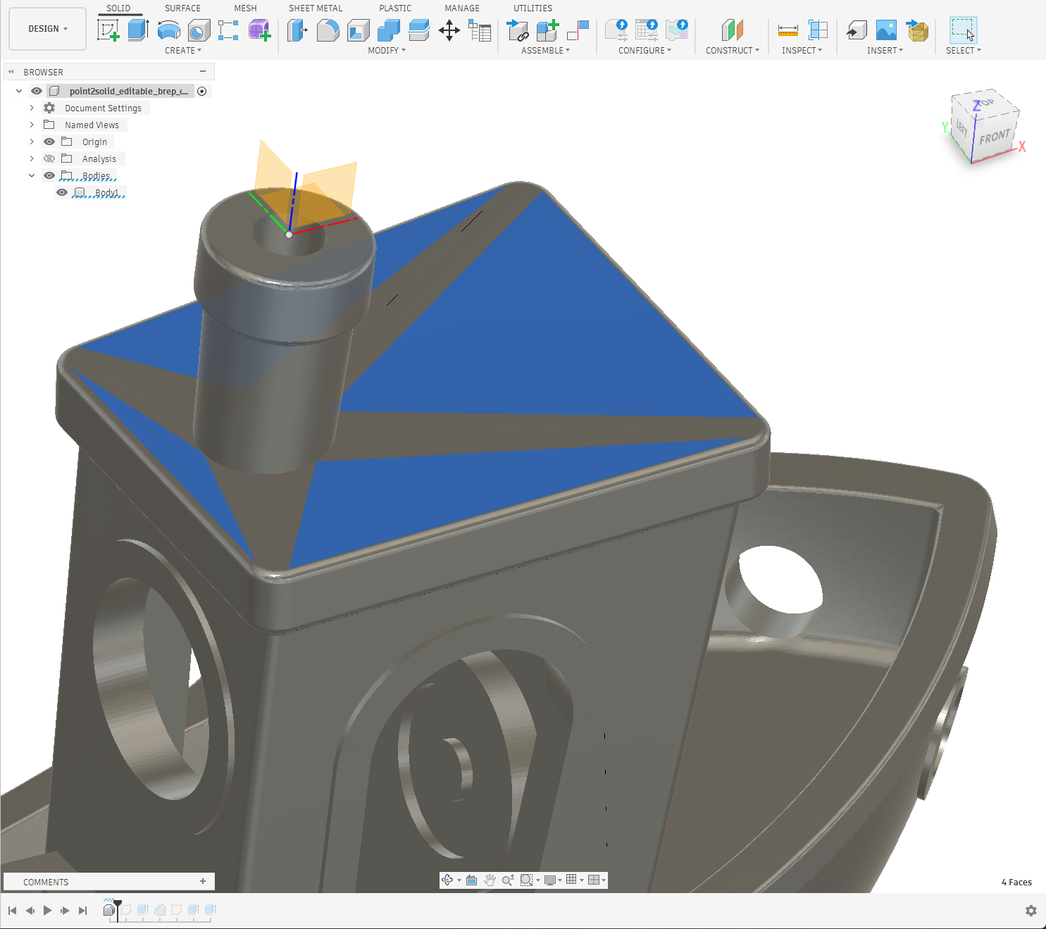Editable Point2Solid BRep model opened in Autodesk Fusion with planar faces selected