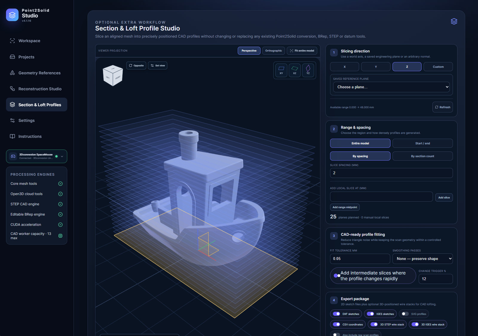 Point2Solid Studio Section and Loft Profile Studio creating section planes through a scanned Benchy model